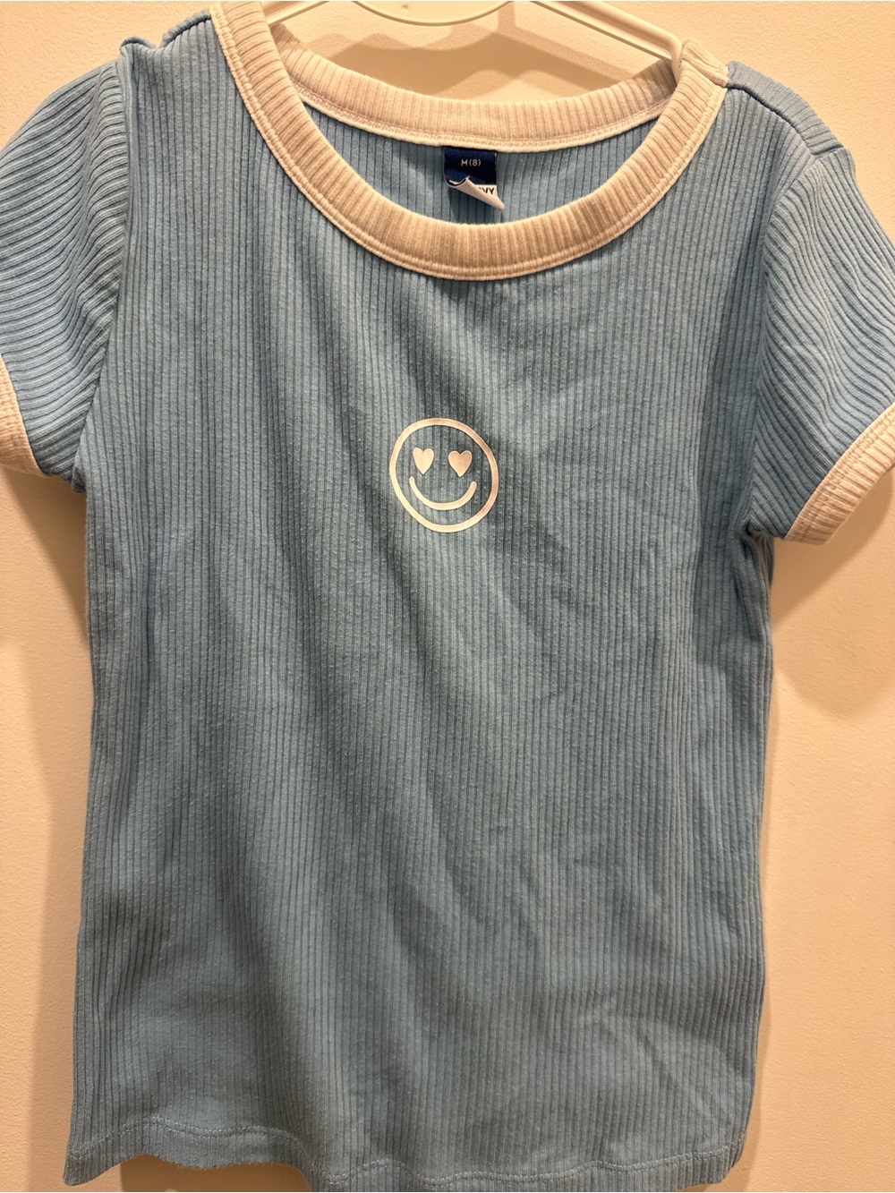 Old Navy Light Blue Ribbed Tee with Cream Trim and Heart-Eyes Smile